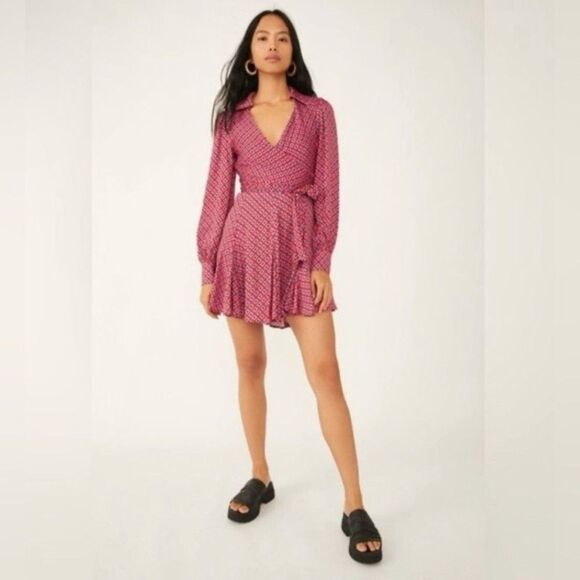 Free People Red Pink Blue Black Open Back Mini Dress Size Medium - Picture 2 of 14